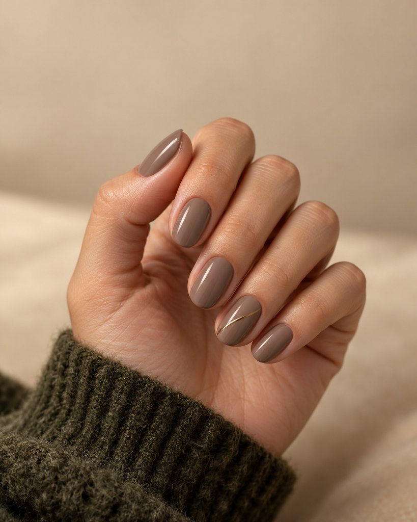 لاک ناخن پاییزی گریژ تاوپ با خط طلایی مورب روی ناخن بادامی N1 Beauty وین